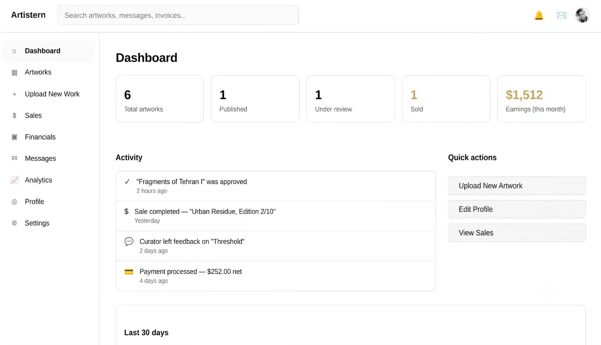 The Artistern artist portal dashboard